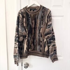 Protege Vintage Coogi Style Brown Grey Black 3D Textured Baggy Sweater Large